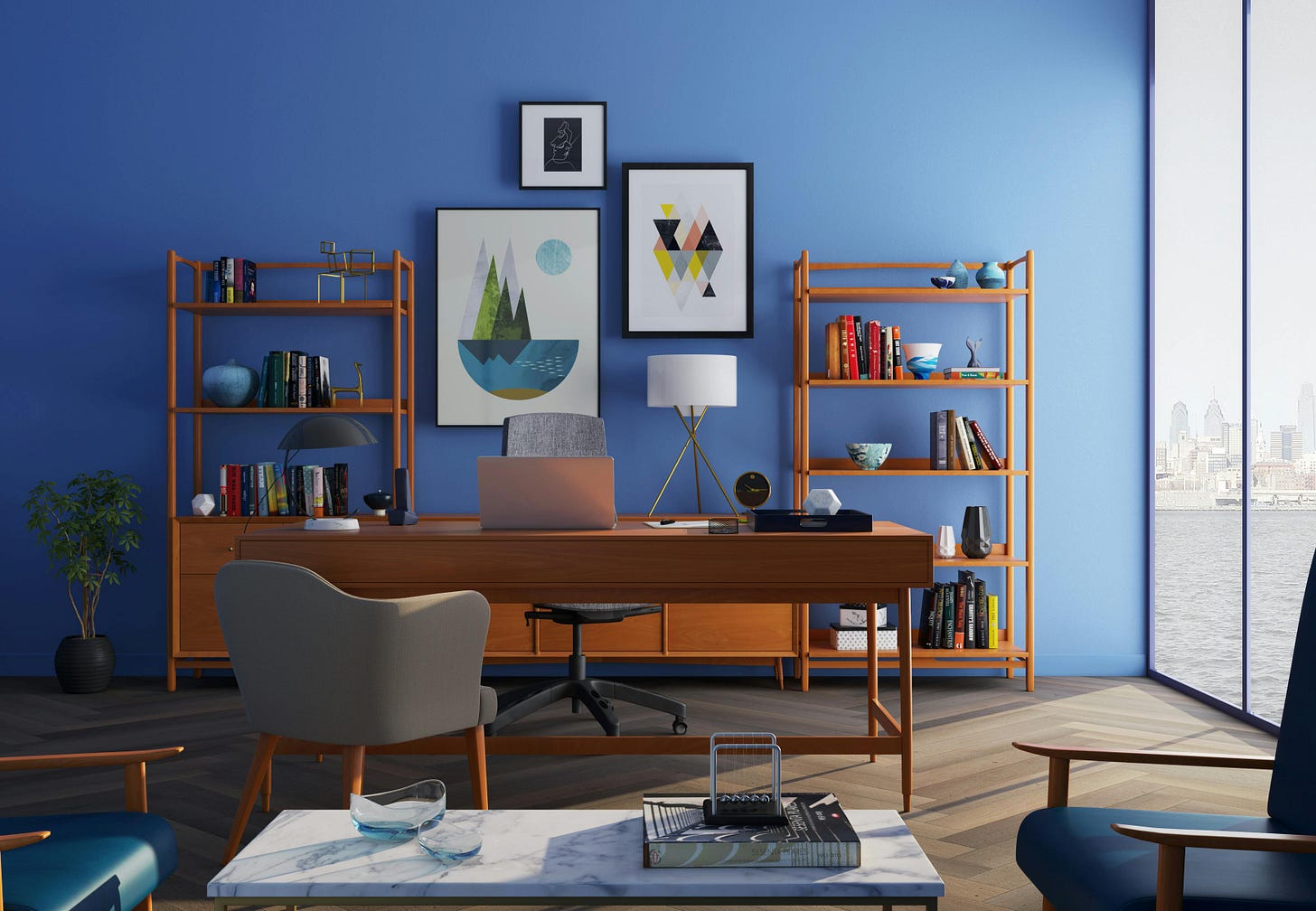 Beautiful home office space with a desk, chair, and bookcases.