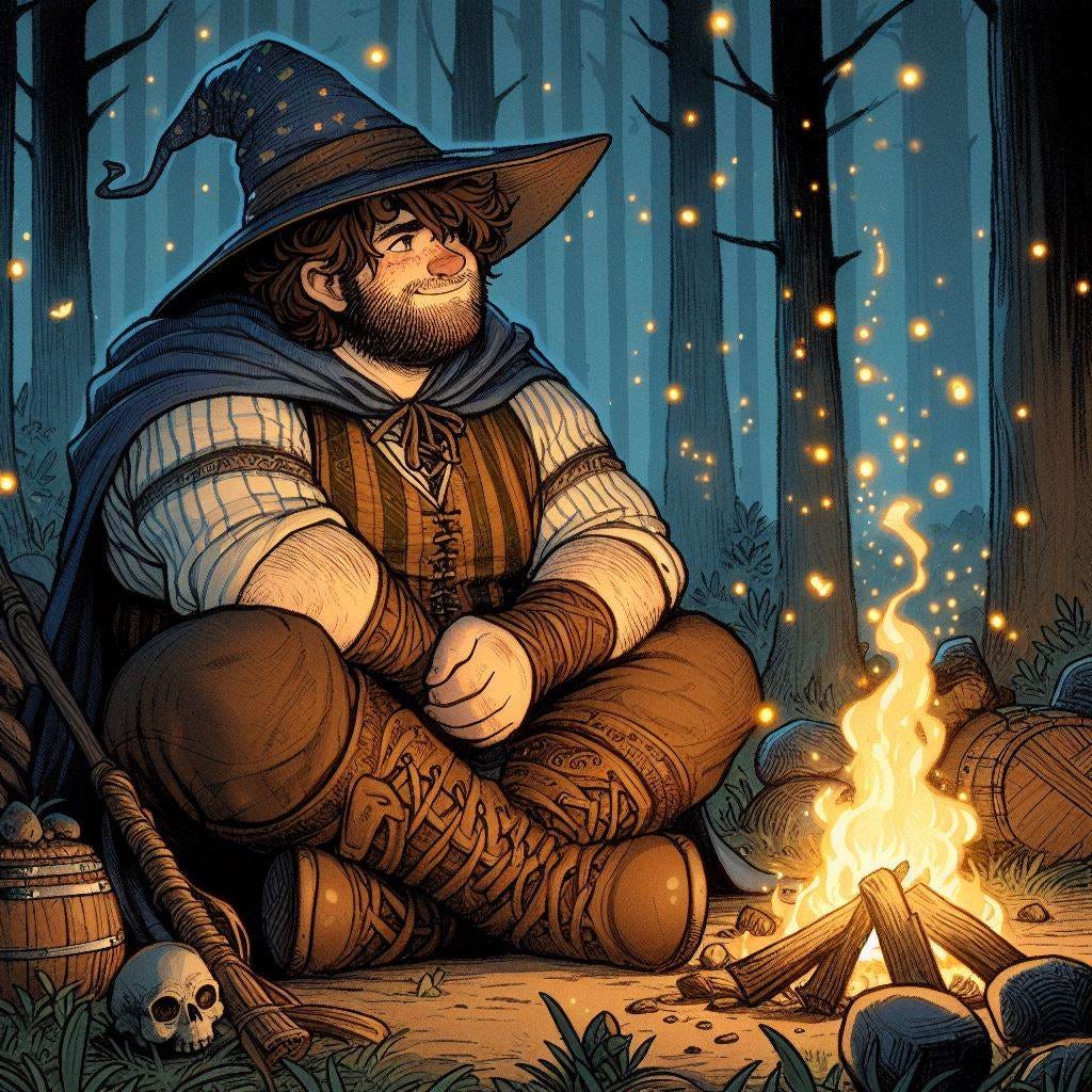 medieval pudgy 25-year old male, wizard hat, puffy brown hair, sitting in the woods, campfire has dying embers, fireflies light all around, dungeons and dragons fantasy drawing