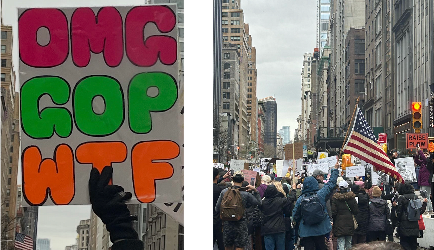 Left: A sign from the protest that reads "OMG GOP WTF" || Right: Protesters in the street, many with signs. The sky is overcast. One person waves a large American flag. 