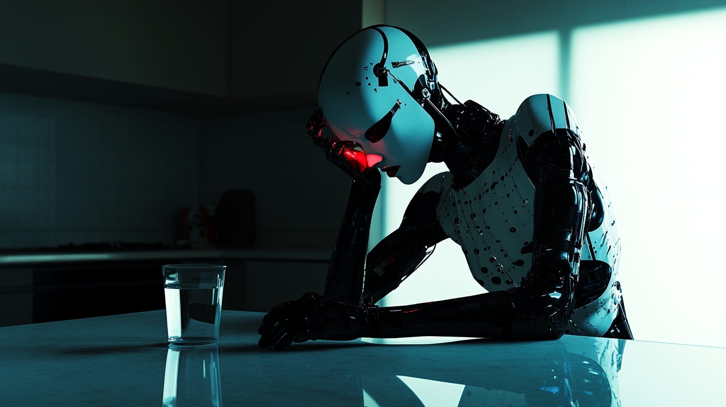 a cyborg sitting at a kitchen table taking medicine, morning sunlight, glass of water, calm domestic setting --ar 16:9 --sref 115346132 —v 6.1 a cyborg sitting at a kitchen table taking medicine, morning sunlight, glass of water, calm domestic setting --ar 16:9 --sref 115346132 —v 6.1