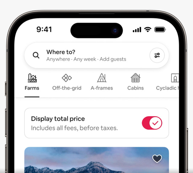 AirBNB’s new ‘show total price’ feature.