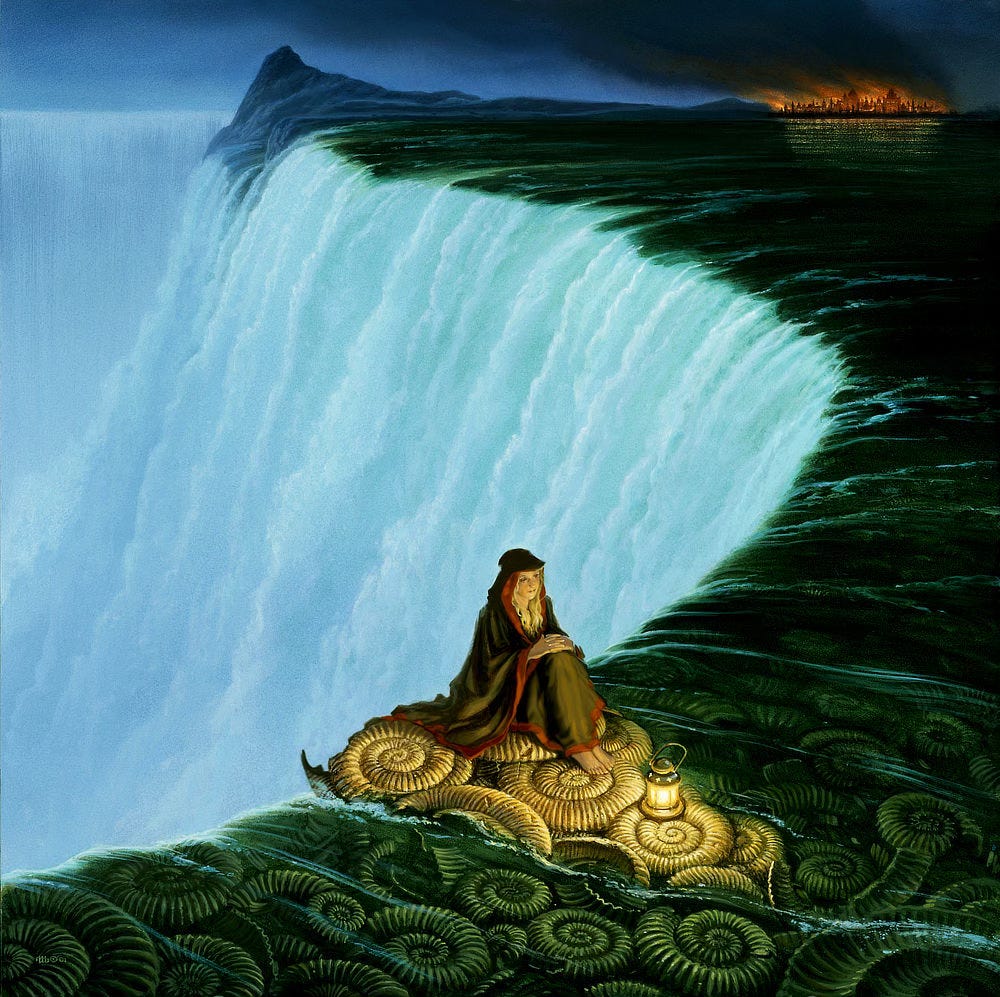 With knees up and hands folded over them, a woman in hooded robes, black trimmed in red, sits with her back to the edge of a massive waterfall. A lantern set at her feet illuminates the raised wedge of ammonite fossils upon which she sits. More are visible beneath the surface of green water flowing around her little island. The massive scale of the falls can be seen as the cliff's edge retreats to reveal a crescent of frothing cascade. In the far distance, flames consume what looks like an ancient city with onion domed buildings in burning silhouette. Fire tilts on a diagonal as if caught by strong winds. The trail of smoke darkens the night sky. With knees up and hands folded over them, a woman in hooded robes, black trimmed in red, sits with her back to the edge of a massive waterfall. A lantern set at her feet illuminates the raised wedge of ammonite fossils upon which she sits. More are visible beneath the surface of green water flowing around her little island. The massive scale of the falls can be seen as the cliff's edge retreats to reveal a crescent of frothing cascade. In the far distance, flames consume what looks like an ancient city with onion domed buildings in burning silhouette. Fire tilts on a diagonal as if caught by strong winds. The trail of smoke darkens the night sky.