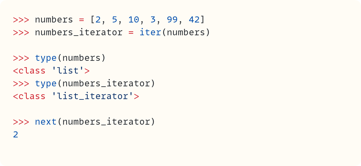 >>> numbers = [2, 5, 10, 3, 99, 42] >>> numbers_iterator = iter(numbers)  >>> type(numbers) <class 'list'> >>> type(numbers_iterator) <class 'list_iterator'>  >>> next(numbers_iterator) 2