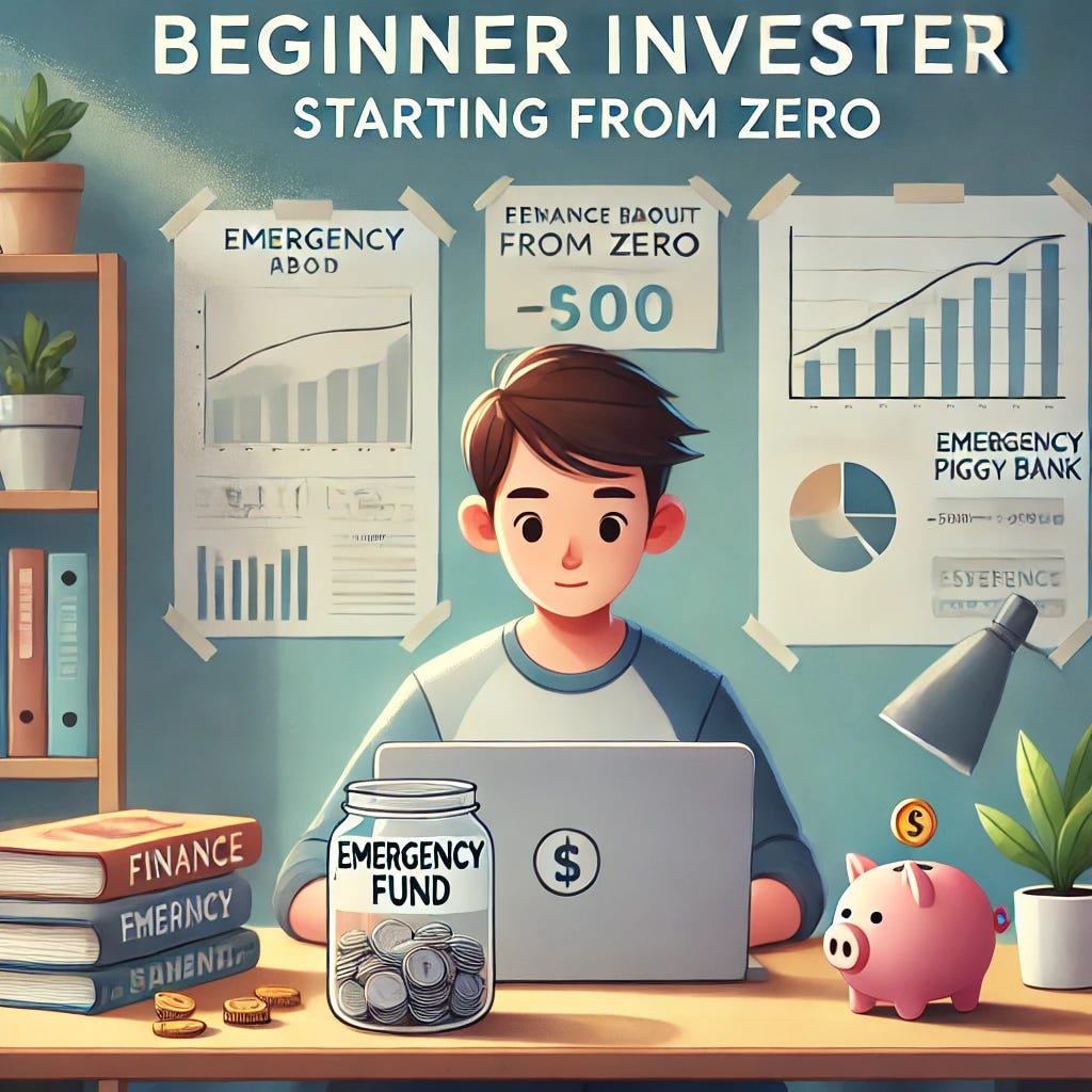 A beginner investor starting from zero. The image shows a young person sitting at a desk with a laptop, books about finance and investing, and a jar labeled 'emergency fund' filled with coins. The scene is well-lit with a calm, focused atmosphere. The background has charts and graphs on a wall, symbolizing financial planning. A piggy bank and small plant are on the desk, representing savings and growth. The person looks determined, ready to learn and invest. The overall tone of the image is encouraging and optimistic.