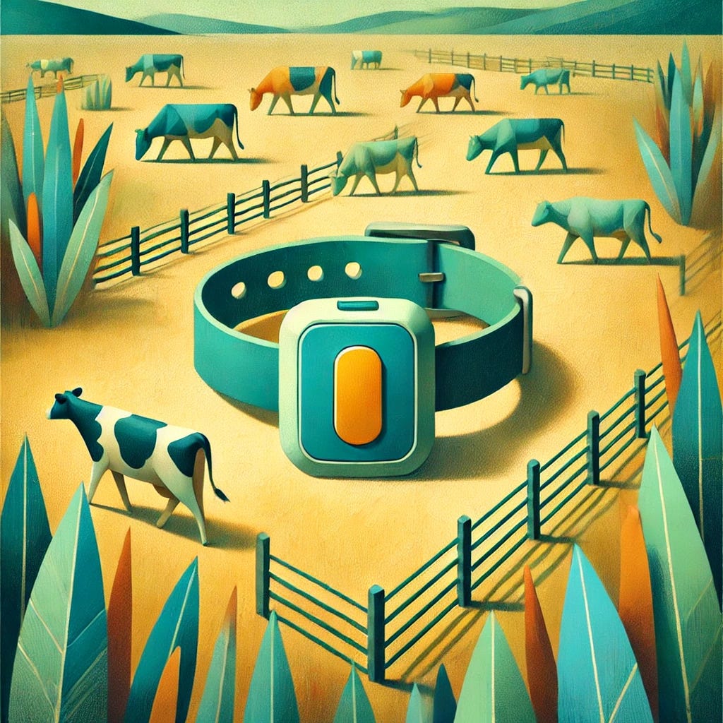 An abstract painting representing virtual grazing fences and animals in a peaceful meadow. The main object is a stylized animal collar with a GPS module, depicted as a large, simple shape with bright tones of yellow and orange. This collar stands out in the center of a meadow filled with abstract grassy shapes in soft green, blue, and brown hues. In the background, subtle geometric patterns suggest virtual boundaries. The composition uses flat, decorative shapes, with visible brushstrokes adding texture. The overall atmosphere is harmonious, with an emphasis on simplicity and modern technology in nature.