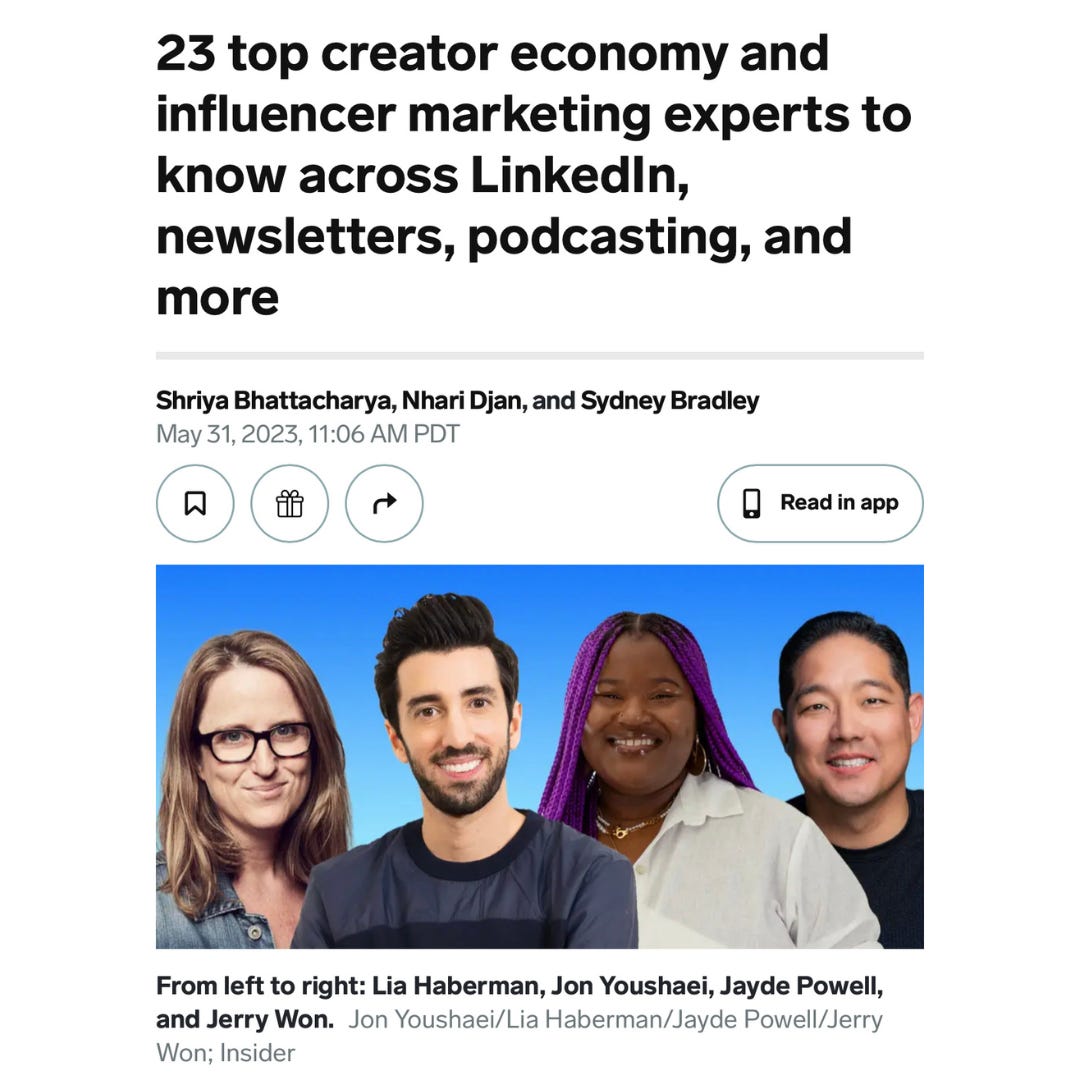 screenshot of Business Insider article with the title 23 top creator economy and influencer marketing experts to know across LinkedIn, newsletters, podcasting, and more