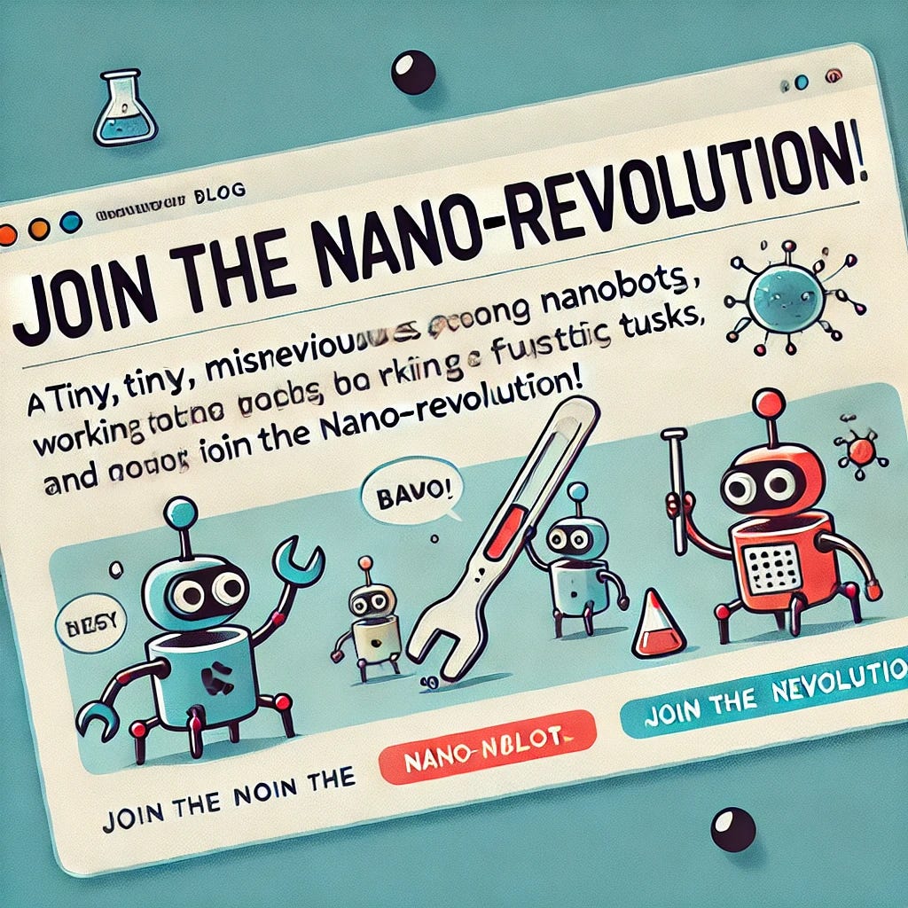 A vector graphic promoting a blog on nanotechnology. The graphic should be fun and irreverent, with a humorous twist. It could include tiny, mischievous robots or nanobots working on futuristic tasks, set against a minimalistic background. The design should be simple, clean, and not too busy, with playful elements like a nanobot holding a wrench or a beaker, and light-hearted text encouraging readers to 'Join the Nano-Revolution!' The overall style should be quirky and engaging.