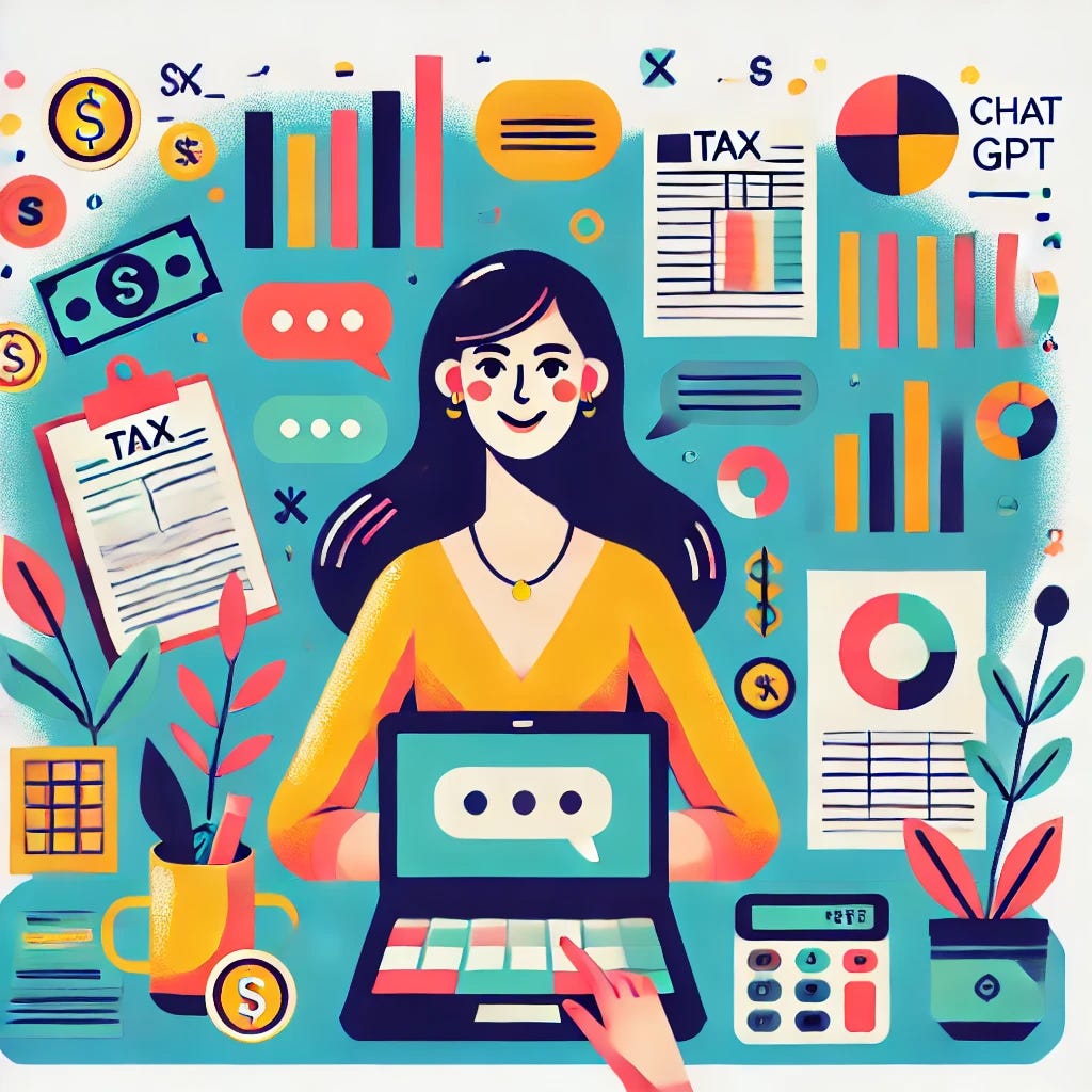 An illustration in a modern, clean, and slightly stylized flat design, with bright and vivid colors. A confident woman is sitting at a desk filled with tax documents, colorful charts, and a laptop showing a chatbot interface, representing ChatGPT. Surrounding her are icons like coins, calculators, forms, and balance scales. There is no visible text anywhere in the image. The color palette is vibrant with rich blues, oranges, greens, and pinks. The style is lively, educational, and empowering, suited for a personal finance or tax optimization theme.