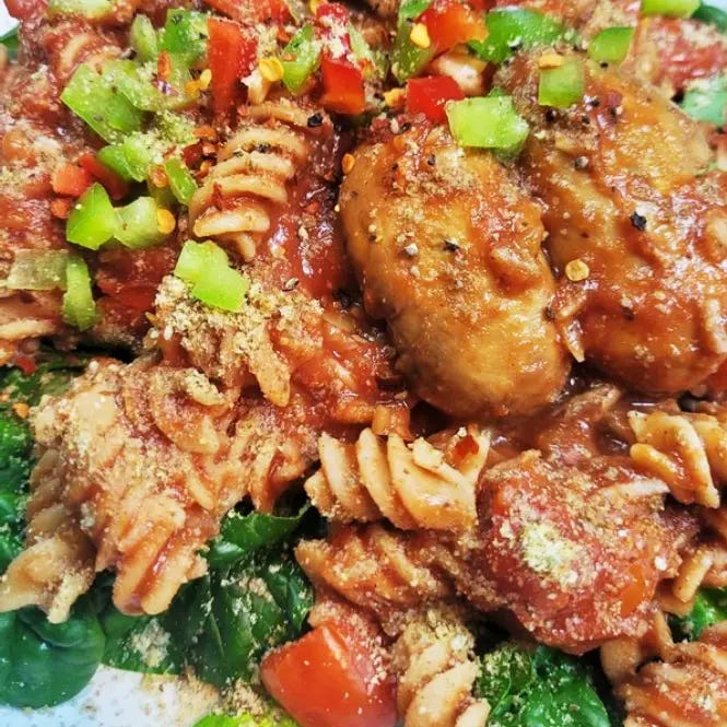 Butterflied Mushroom Cacciatore WFPB Dump Dinner hero image garnished