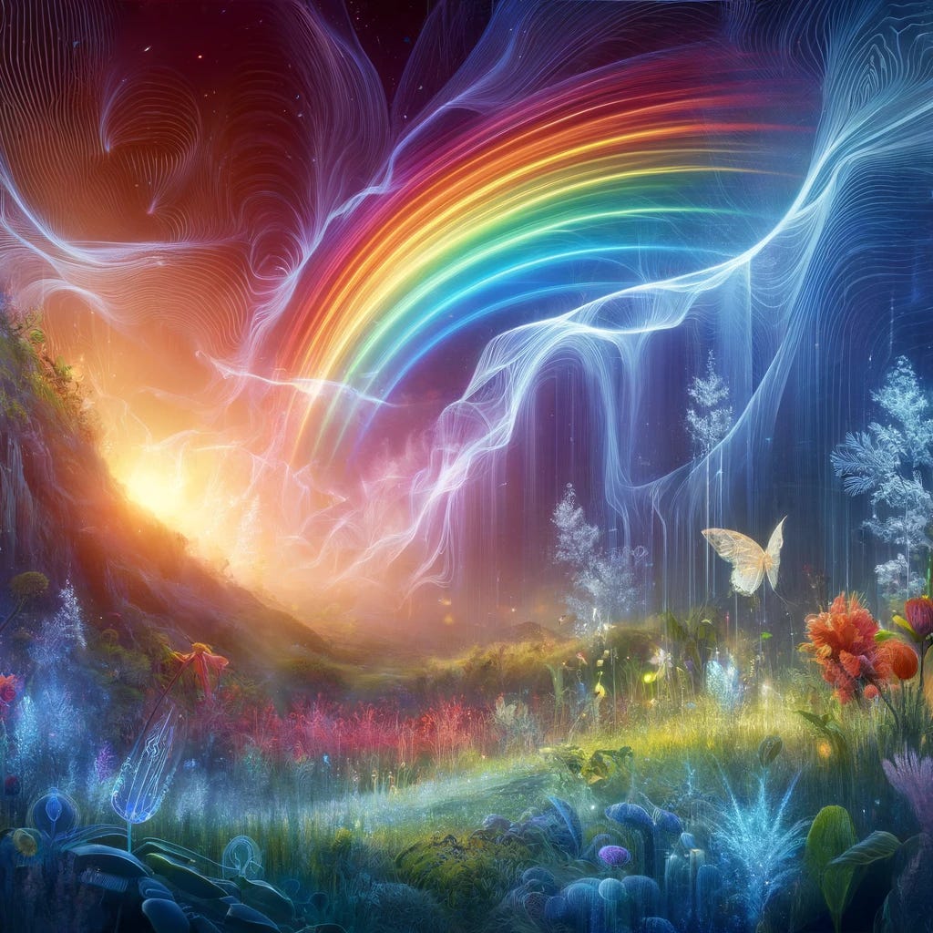 A vibrant, surreal landscape depicting the invisible rainbow and EMF (electromagnetic fields). The scene includes a rainbow made of invisible waves, shimmering with ethereal light, subtly interacting with nature. Delicate, translucent waves of energy emanate from various sources, enveloping plants, animals, and people. The overall atmosphere is mystical and intriguing, highlighting the unseen forces that impact life. Use a color palette that suggests both the beauty and subtle danger of electromagnetic fields, with glowing, otherworldly elements interwoven with a natural setting.