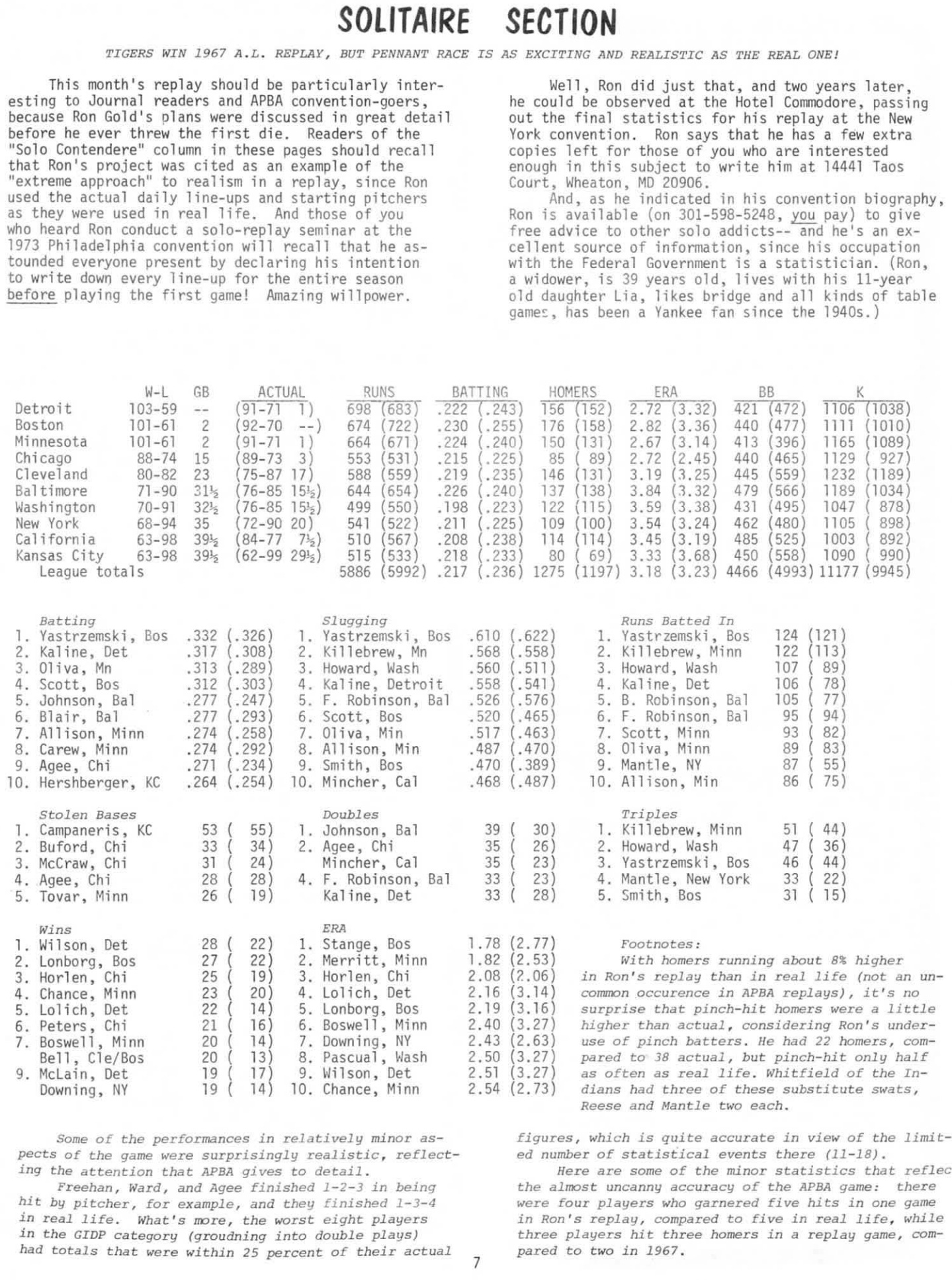 APBA Journal November 1975 Replay 1967 American League