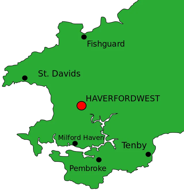 Map of Pembrokeshire, with Haverfordwest made more prominent. Image public domain in Wikimedia.