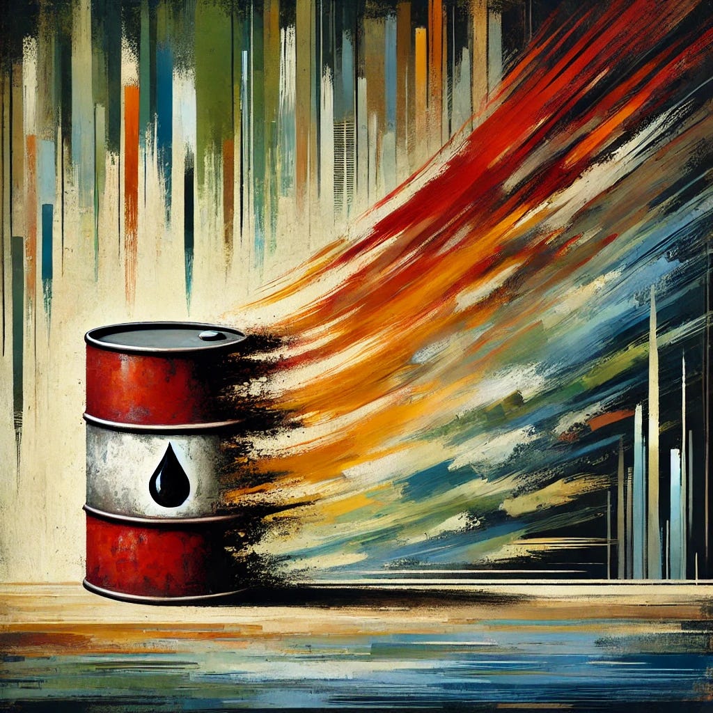 An abstract painting representing the end of oil. The central object, a distorted and cracked oil barrel, symbolizes the decline and eventual end of oil consumption. Surrounding it are fading streaks of red, orange, and yellow, representing diminishing energy and demand, while the background transitions to cooler, muted shades of green, blue, brown, and black, evoking a natural and post-oil world. Simple shapes and flat, expressive brushstrokes emphasize the decline, giving the composition a sense of finality and transition toward sustainability. The overall aesthetic evokes the theme of closure and a shift away from oil dependence.