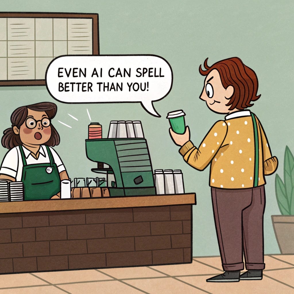 Cartoon illustration: Starbucks coffee shop. A frowning customer holds a coffee cup, saying to the barista, “Even AI can spell better than you!” The barista stands behind the counter, next to coffee machines, stacked cups, and ingredients. by Recraft