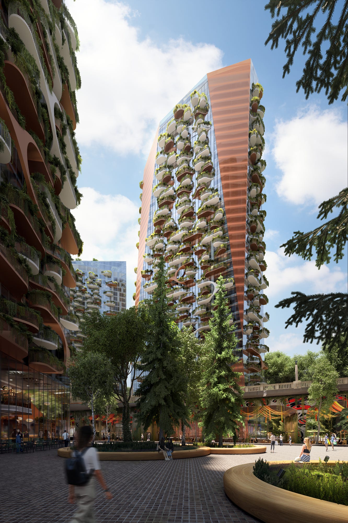 A rendering of a skyscraper with plant-filled balconies