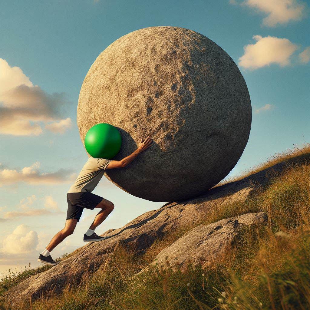 Photo of a man wearing shorts and a t-shirt who is pushing a round boulder up a hill like Sisyphus on a beautiful day. Instead of a head, the man has a basic bright green sphere in its place. 