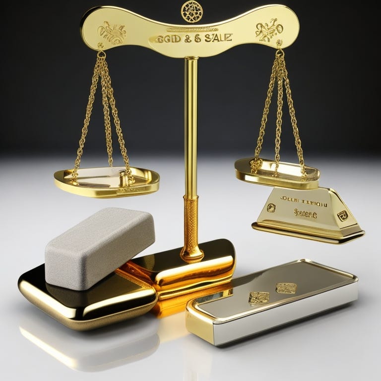 weighing scale,  gold bar on his left and a platinum bar on the right