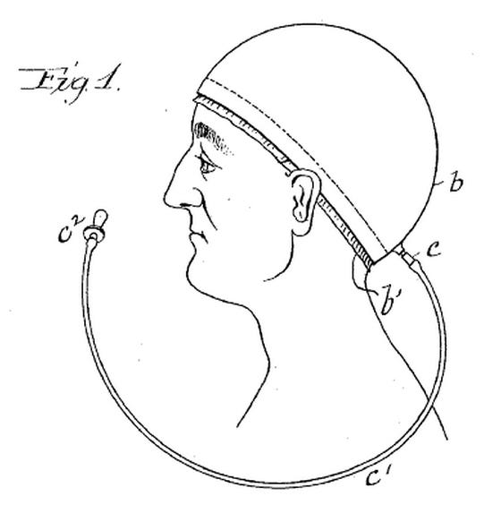 A simple line drawing showing the side view of a man's head. On his head is a domed contraption rather like an inflated swimming cap. From the back of the cap there is a pipe, which loops round in front of the face.