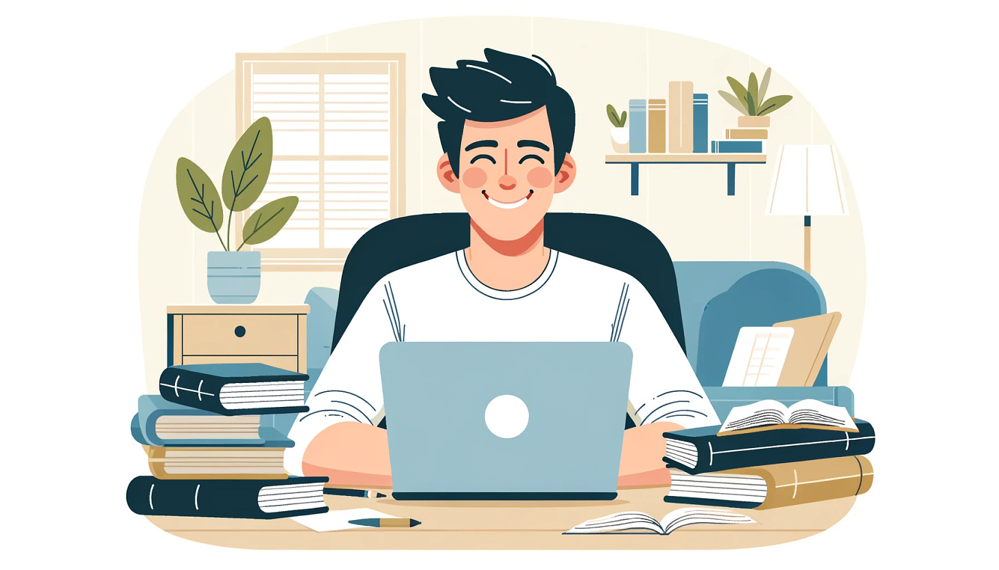 A minimalist and vector illustration of a man sitting at a desk, surrounded by open books and a laptop. He has a big smile on his face, clearly enjoying his study session. The background is bright and inviting, suggesting a positive and productive atmosphere. The illustration emphasizes simplicity in design, focusing on clean lines and flat colors to convey the scene.