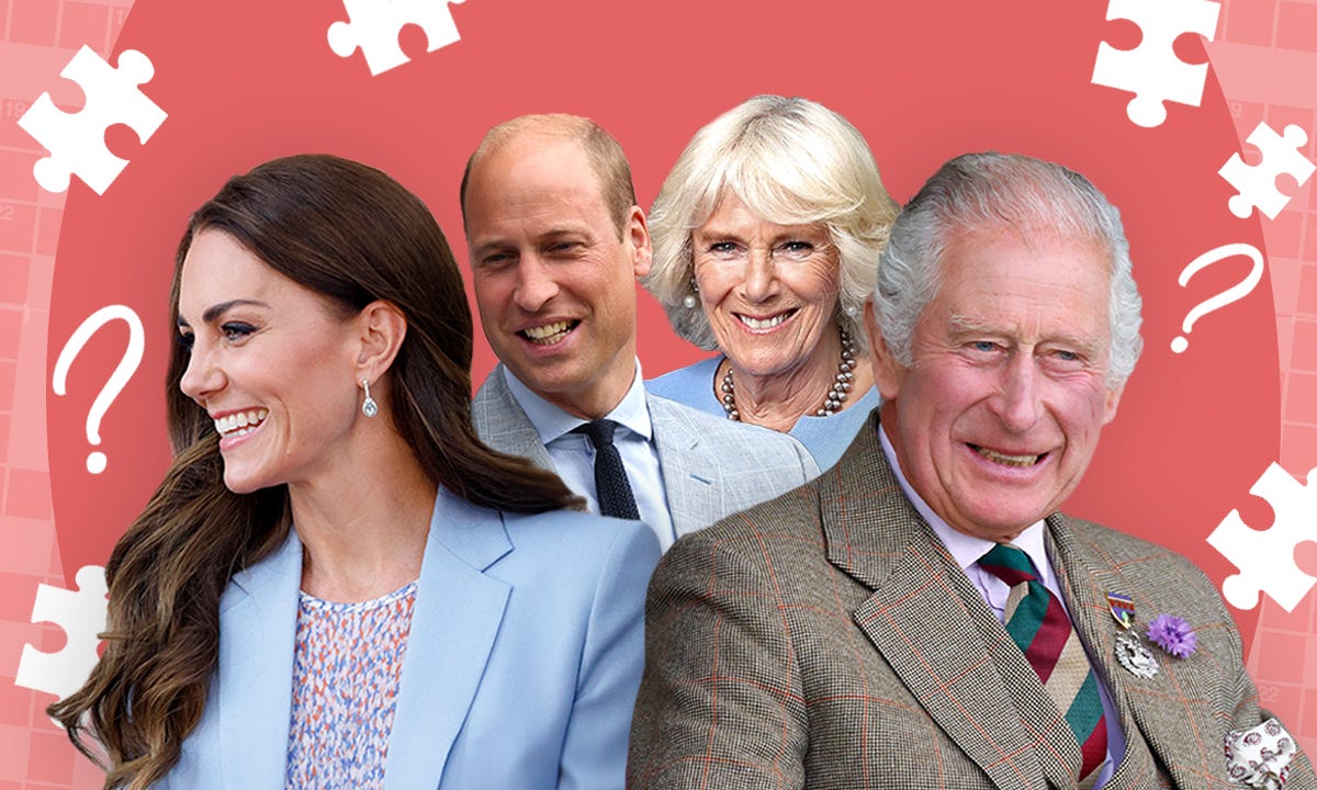 Smiling senior UK royals against a red background
