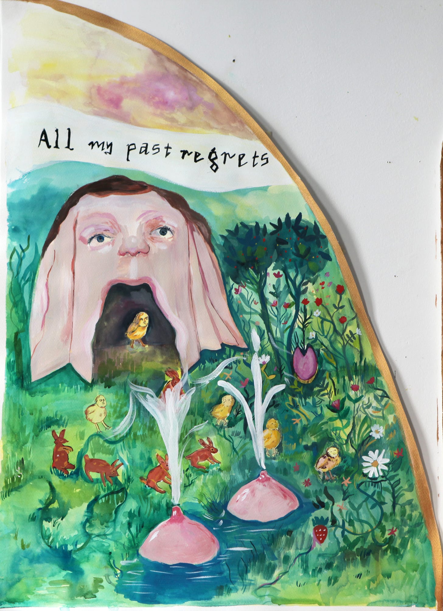 Painting with text 'All my past regrets'. Paitning is a human skin tent with baby chicks with human faces emerging, rabbits, breasts emerging from the ground with milk bursting out like a fountain