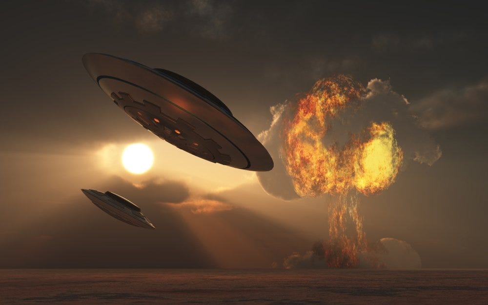 Amazon.com: Posterazzi A pair of UFO's with a nuclear explosion in  background Poster Print, (36 x 22): Posters & Prints