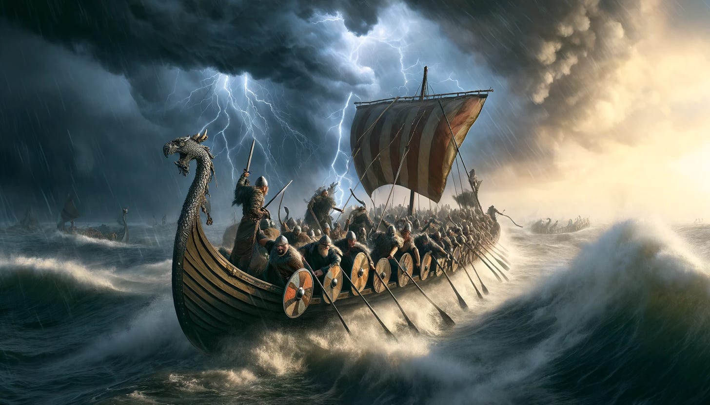 A realistic depiction of Vikings aboard a longboat under a dramatic storm. The scene shows a group of fierce Viking warriors in traditional attire, including helmets, shields, and swords, navigating their wooden longboat with a dragon-shaped prow through turbulent, stormy seas. The sky is filled with dark, swirling storm clouds, lightning, and heavy rain, adding to the sense of danger and intensity. The warriors are struggling against the fierce wind and waves, some rowing with all their might, while others hold on to the boat, bracing themselves. The scene captures the peril and determination of the Vikings as they face the storm.