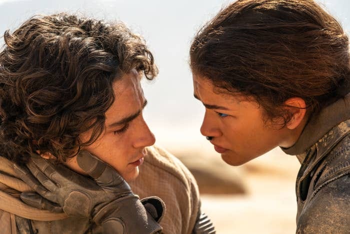 Two characters, Paul Atreides and Chani, from the film Dune, are shown in a close-up, engaged in an intense conversation