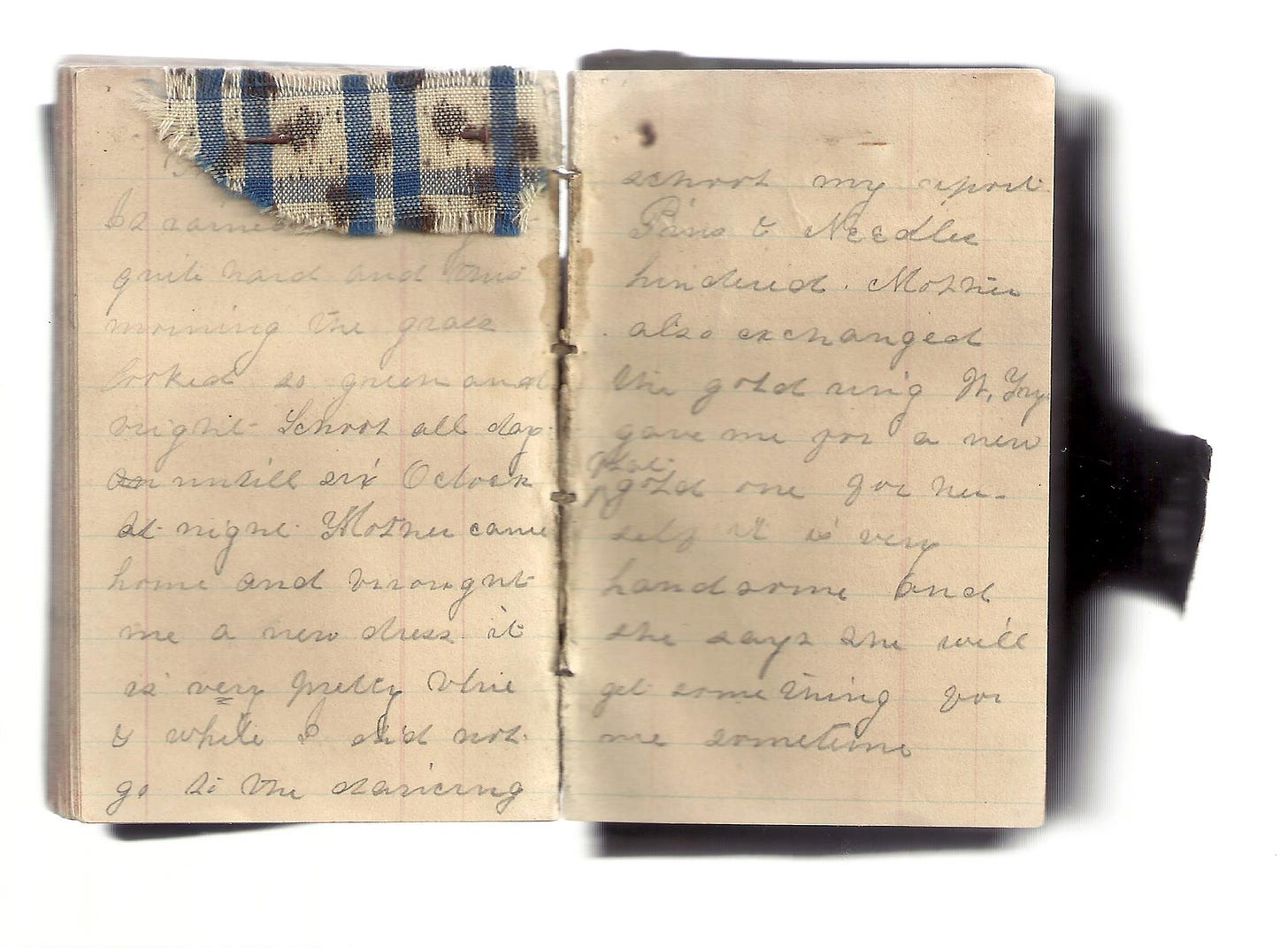 a small diary open to display two pages of cursive handwriting with a scrap of plaid dress fabric attached to one page