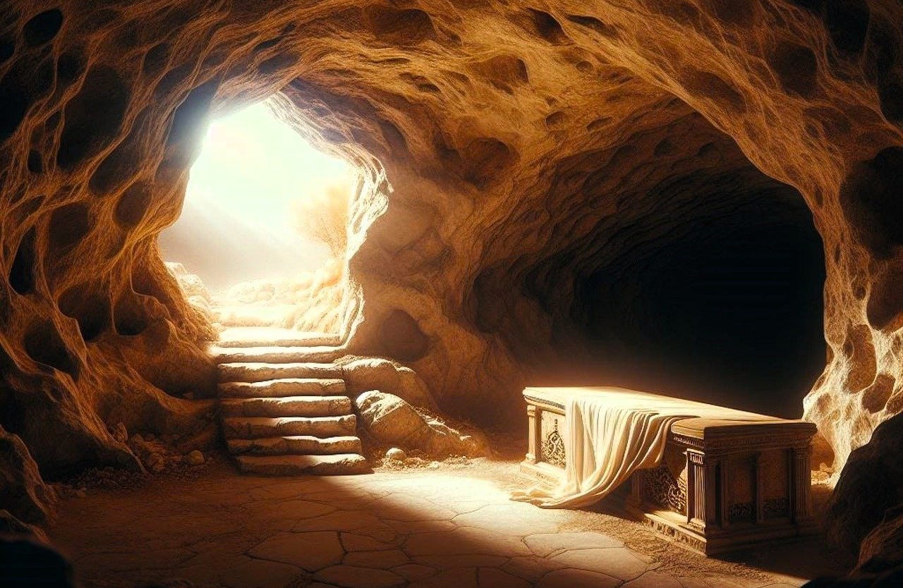 Imagem de uma caverna com uma mesa vazia, representando a tumba vazia de Jesus