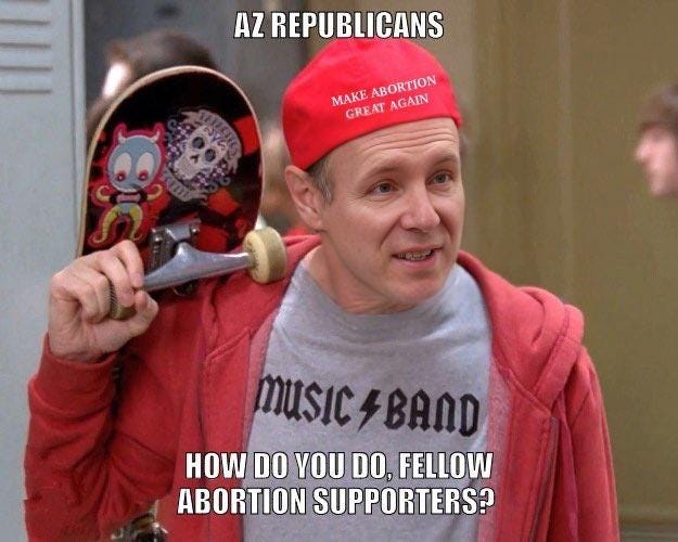 Adult man pretending to be high schooler,  dressed in backwards red cap with skateboard wearing shirt that says "Music Band" with caption AZ Republicans: How do you do, fellow abortion supporters?