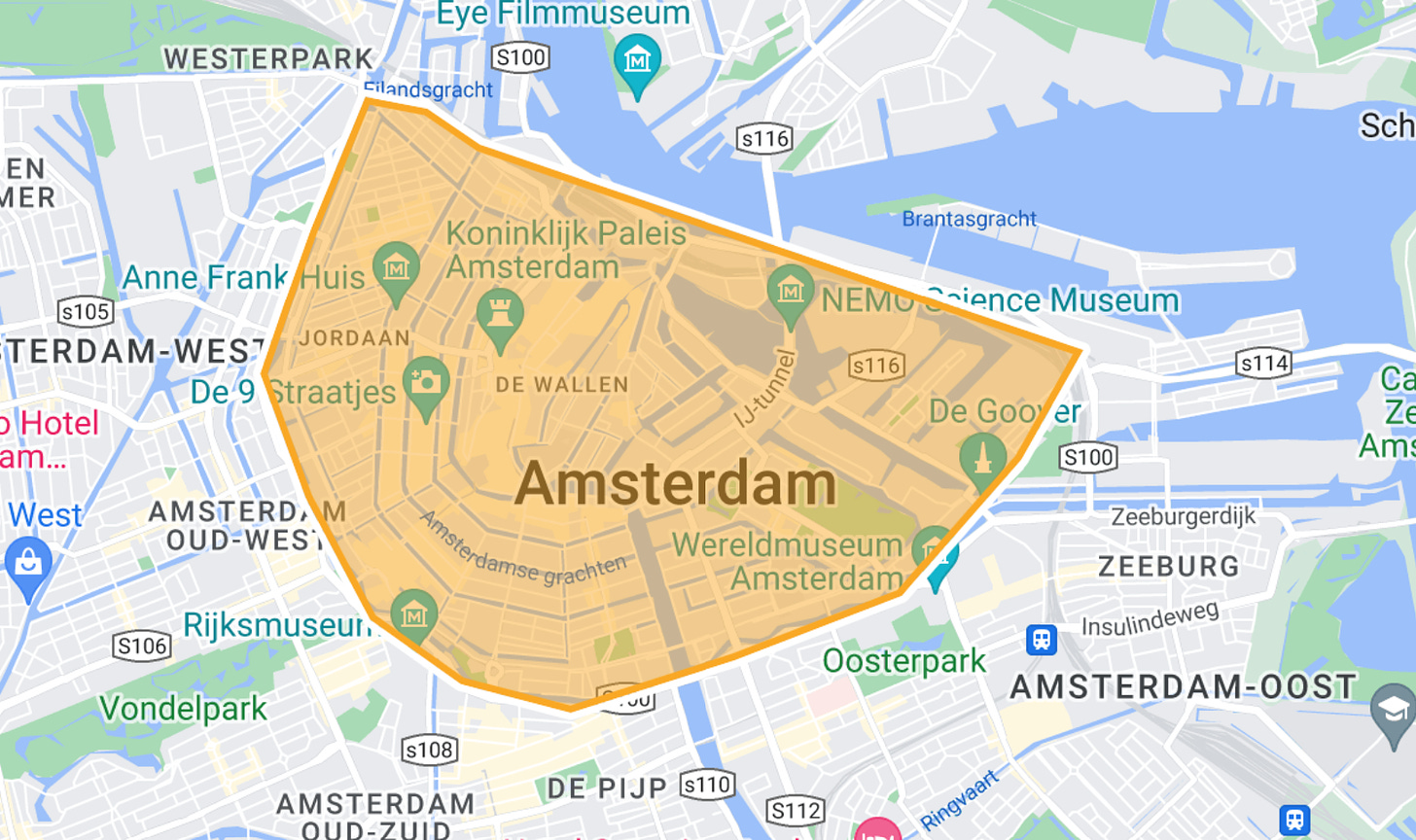 Map of the most touristy areas of Amsterdam, Netherlands