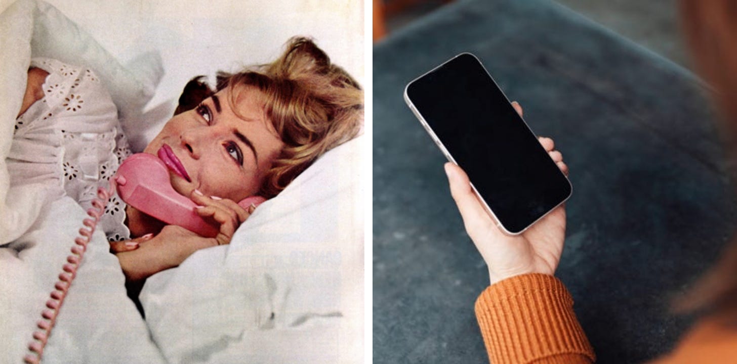 A pink phone in the 1950s and a smartphone today.