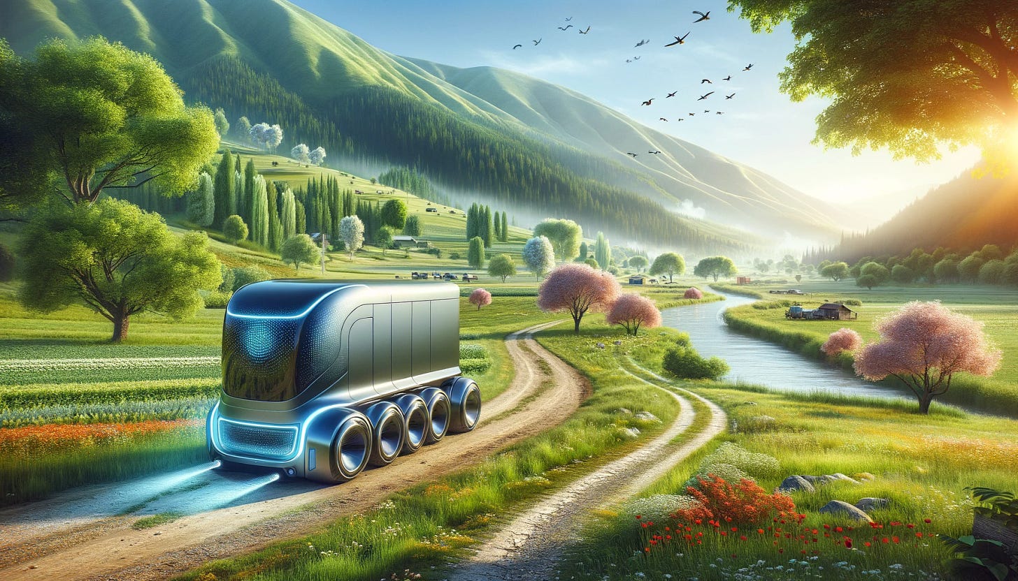 Imagine a futuristic robotruck, designed with sleek lines and advanced technology, driving through a picturesque bucolic setting. The landscape is adorned with lush green meadows, a variety of trees in full bloom, and a clear blue sky above. Birds are flying in the background, and there's a gentle river flowing nearby. The robotruck, with its metallic body reflecting the sunlight, leaves a trail of tracks behind it on the dirt path it follows. This scene captures the harmony of technology and nature, showcasing the robotruck's journey through the peaceful countryside.