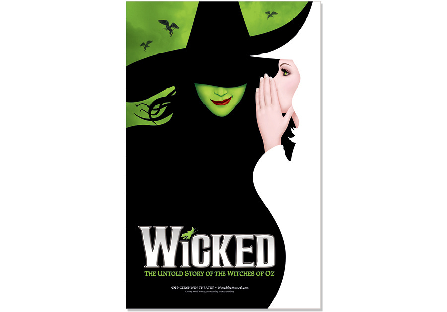 The "Wicked" musical poster, with one witch whispering into the ear of another.