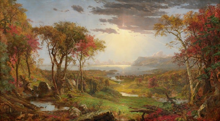 a painting from 1860 shows trees with autumn leaves and the hudson river widing through a valley