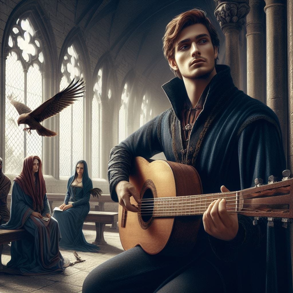 young bard without beard holding a lute in a castle hall, mourners sitting and listening, hawk flying overhead, medieval fantasy art