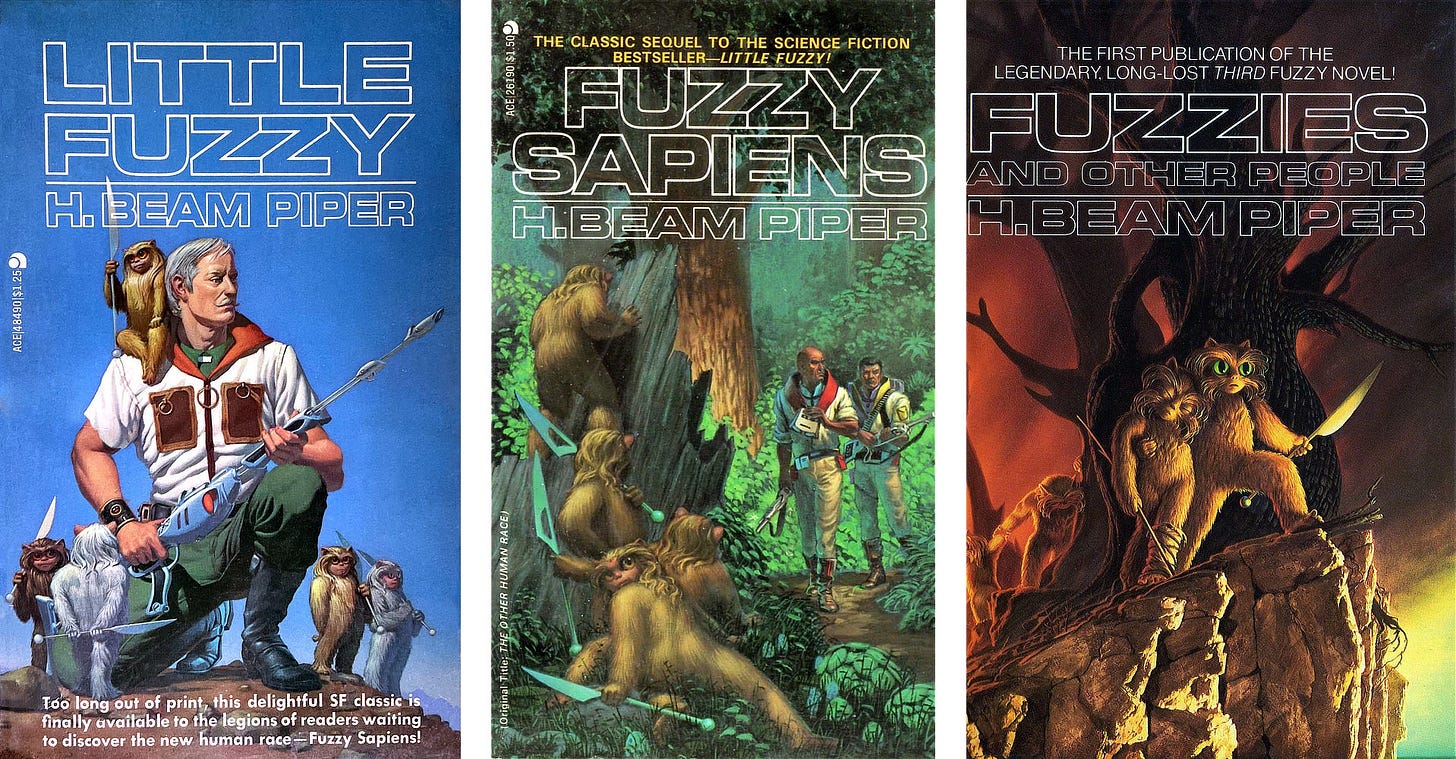 Book covers for LITTLE FUZZY, FUZZY SAPIENS, and FUZZIES and other people written by H. Beam Piper, published by Ace Books