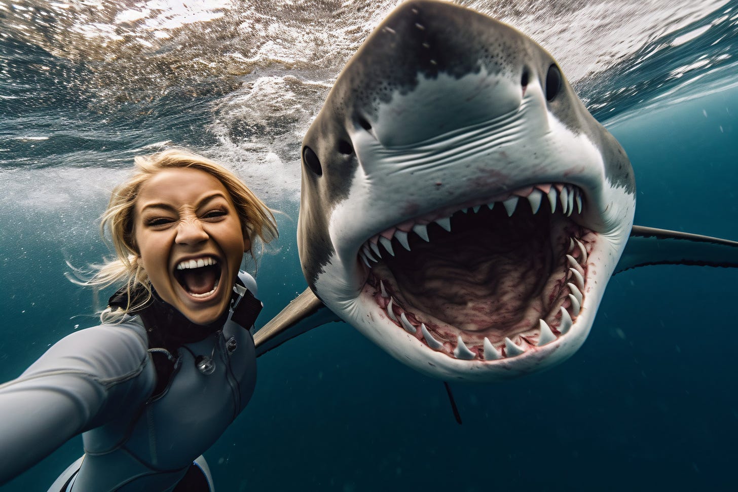 Prompt: ''A hyper - realistic GoPro selfie of a smiling glamorous Influencer with an attacking shark. Extreme environment. --ar 3:2''
