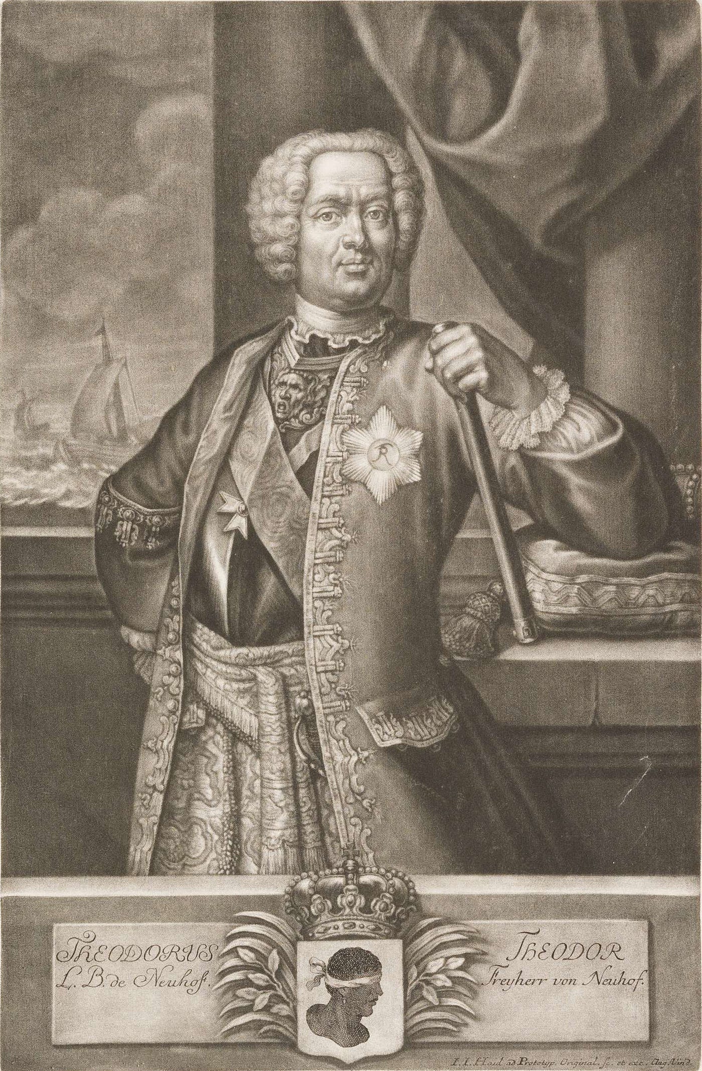 The (by then former) king in a formal portrait with references to Corsica (for instance a ship in the background).