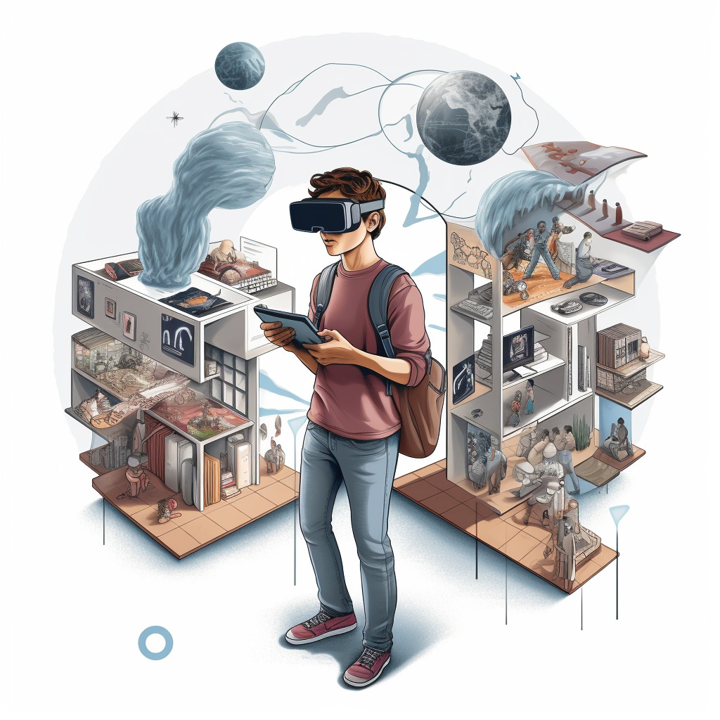 Dive into a visual journey of AR & VR: merging real and virtual worlds, with elements of gaming, education, healthcare, and caution.