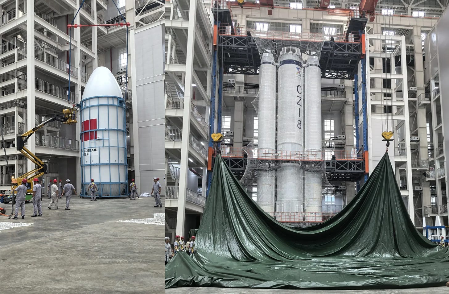 The fairing, first-stage, and boosters of a Long March 8 during the assembly stage at the Wenchang Commercial Space Launch Site in September 2024.