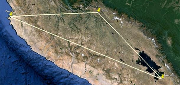 Tiwanaku, Cuzco and Paracas, places associated with the knowledge of the gods, form an isosceles triangle. Tiwanaku, Cuzco and Paracas, places associated with the knowledge of the gods, form an isosceles triangle.