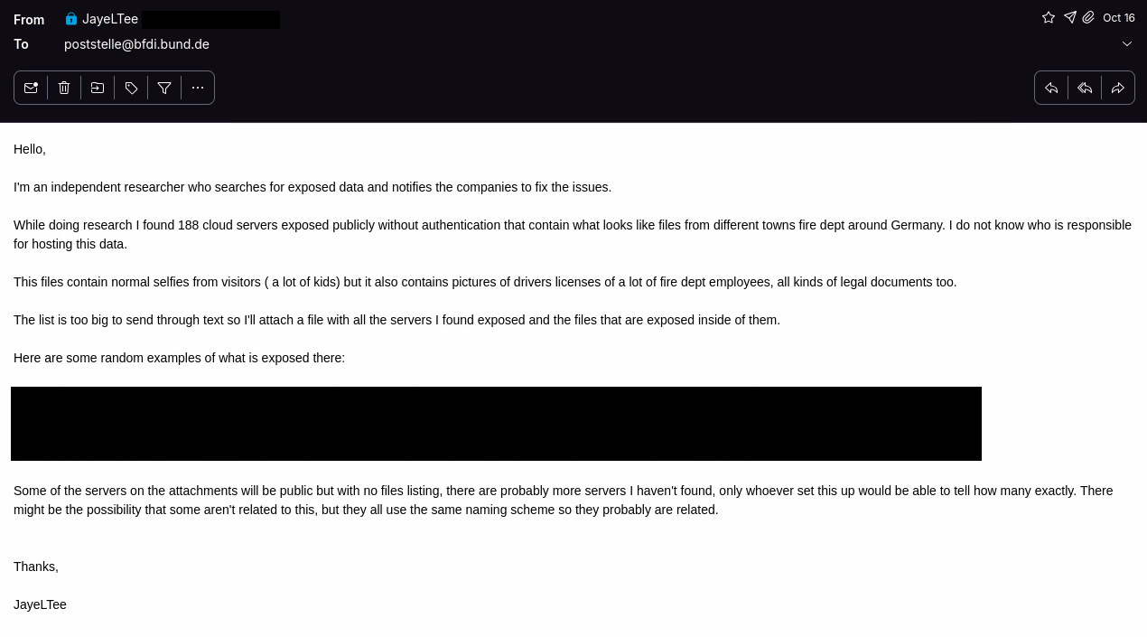 Redacted email initially sent on October 16th to try and get help to close this. The email explains what I found and gives out examples of what is exposed.