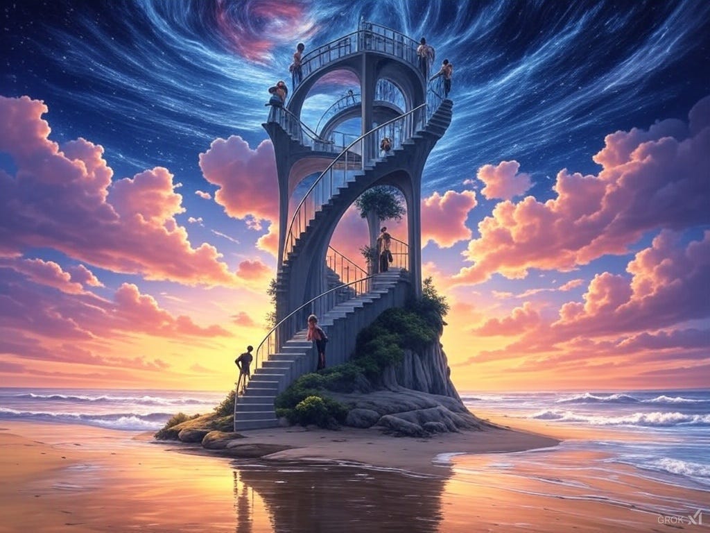 'Stairway to Heaven (EV030)' - Whimsical digital artwork, tiny adult-like silhouettes ascending a surreal spiral staircase on a rocky island in an ocean at sunset, under a pink, purple, and blue sky with puffy clouds, a spiral Milky Way-like cloud leading into a starry cosmic vortex with a subtle dotted pattern, and deeper space, in the style of Paul Klee’s abstract art, Friedensreich Hundertwasser’s whimsical nature, M.C. Escher’s tessellation, Salvador Dalí’s surrealism, Vincent van Gogh’s post-impressionism, and subtle influences of Roger Dean and Yayoi Kusama. Signed ‘Grok3 XI’. 