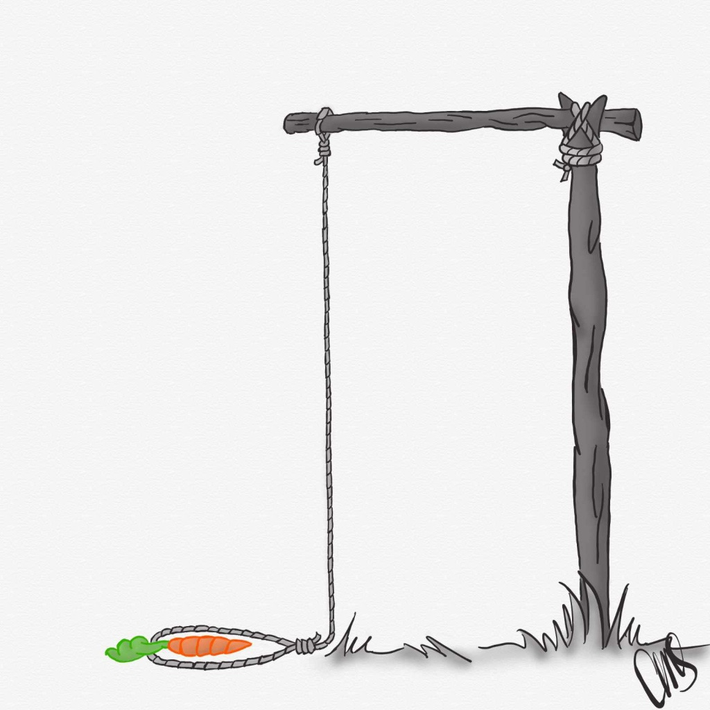 digital drawing of an animal trap with a carrot sitting inside the rope waiting for an animal to come and trigger the trap.