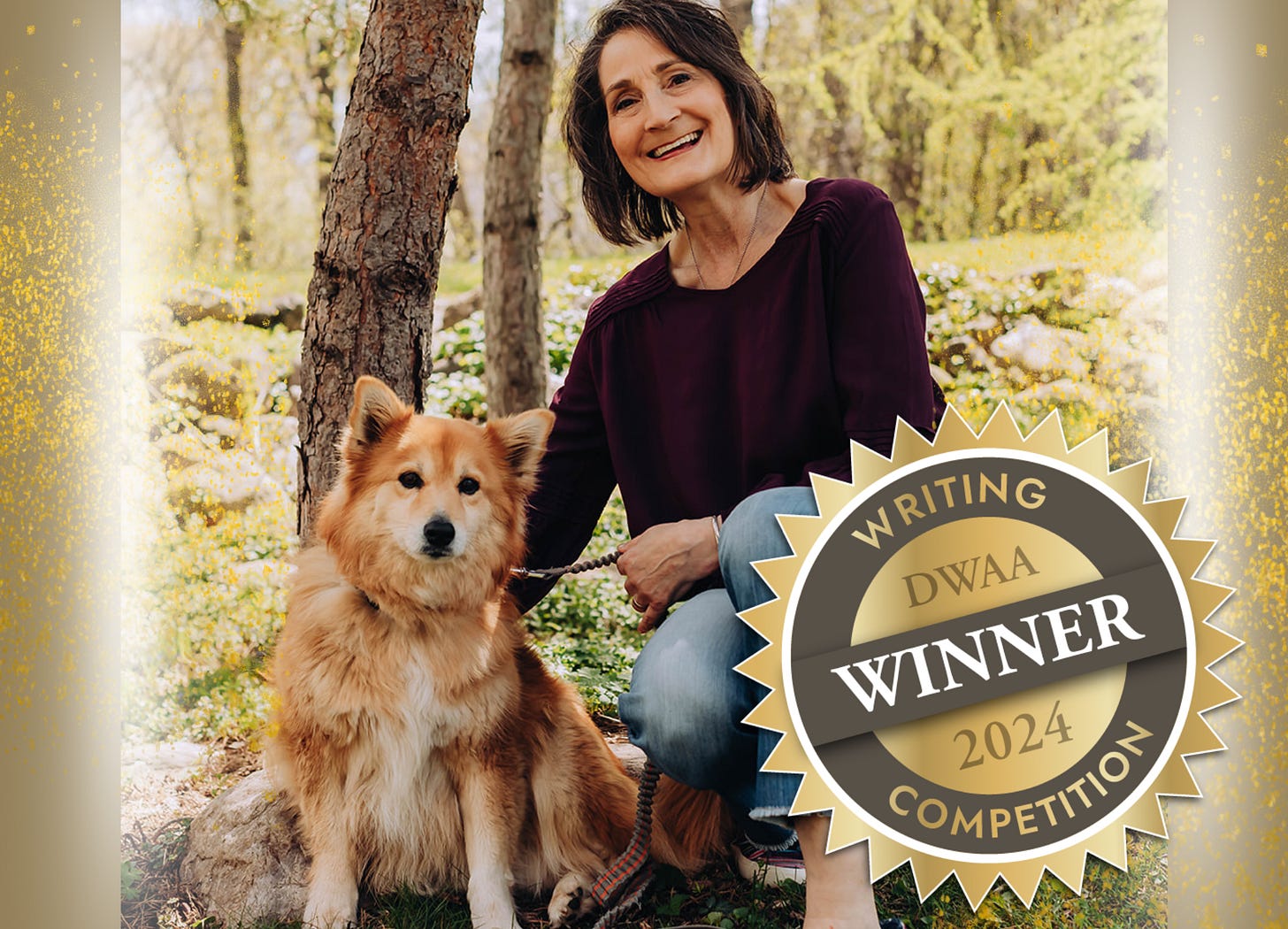 Rust colored dog sits next to older woman by tree