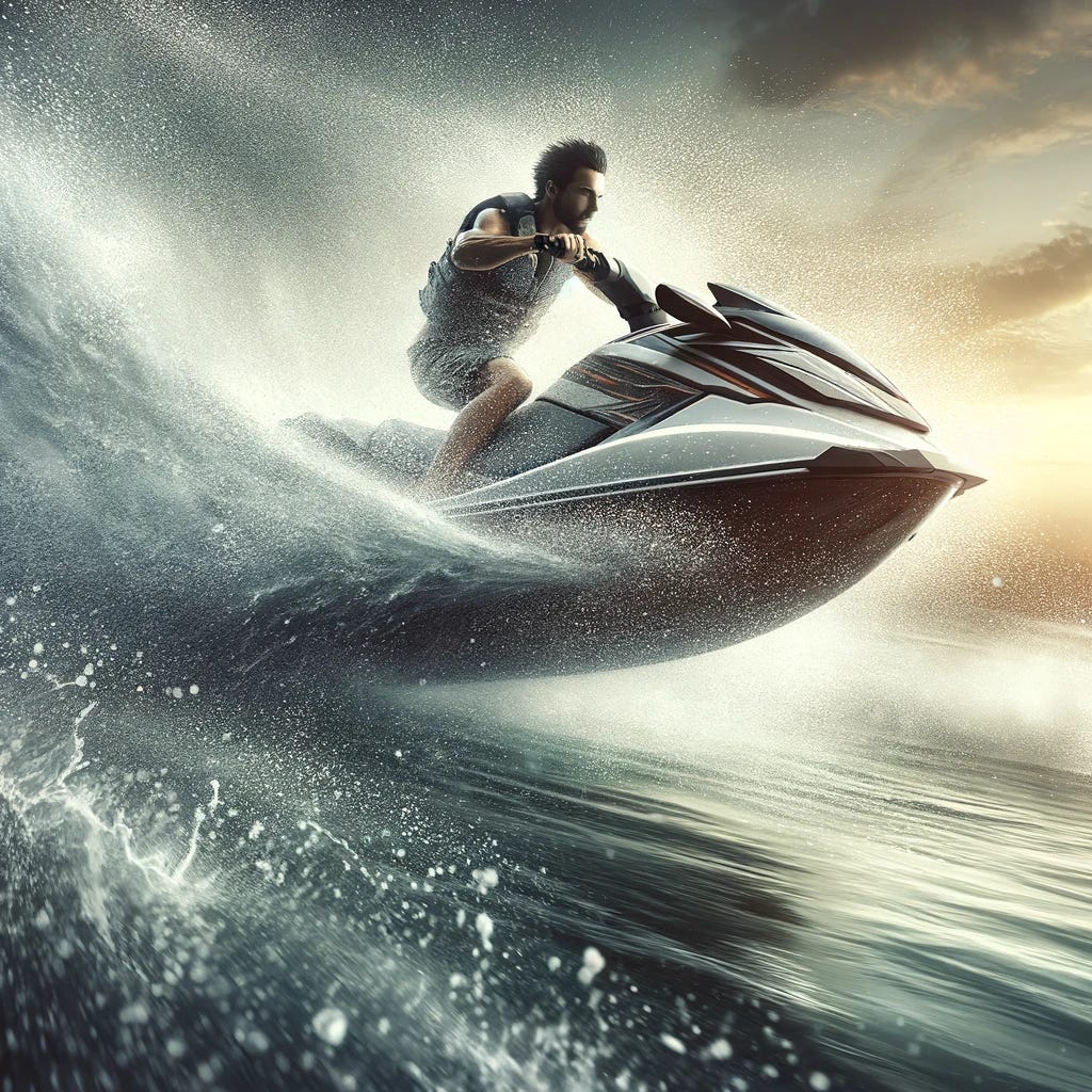 Create an image of someone turning at high speed on a jetski. The jetski should be depicted in the midst of a sharp, dynamic turn, with water splashing around due to the high speed. The rider should be leaning into the turn, showing a sense of motion and agility. Their expression should be one of focus and excitement. The background should be an open water scene, possibly with a blurred effect to emphasize the speed. This image should capture the thrill and action of jetskiing at high velocity.