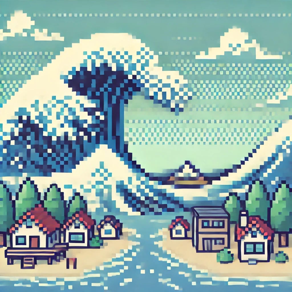 A pixelated image of a tsunami approaching a small town, in the style of a Gameboy Color game. The scene features simple, blocky waves rising from the ocean, with the small town in the foreground consisting of pixelated buildings and trees. The colors are muted, with blue-gray waves and small green and brown houses, capturing a retro, 8-bit aesthetic. The sky is pixelated and cloudy, adding to the sense of impending disaster, while the perspective shows the massive wave looming over the town.