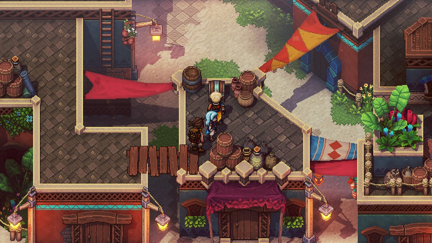 A screenshot of the game Sea of Stars, showing a colorful town environment and the three main characters on top of a house approaching a chest.